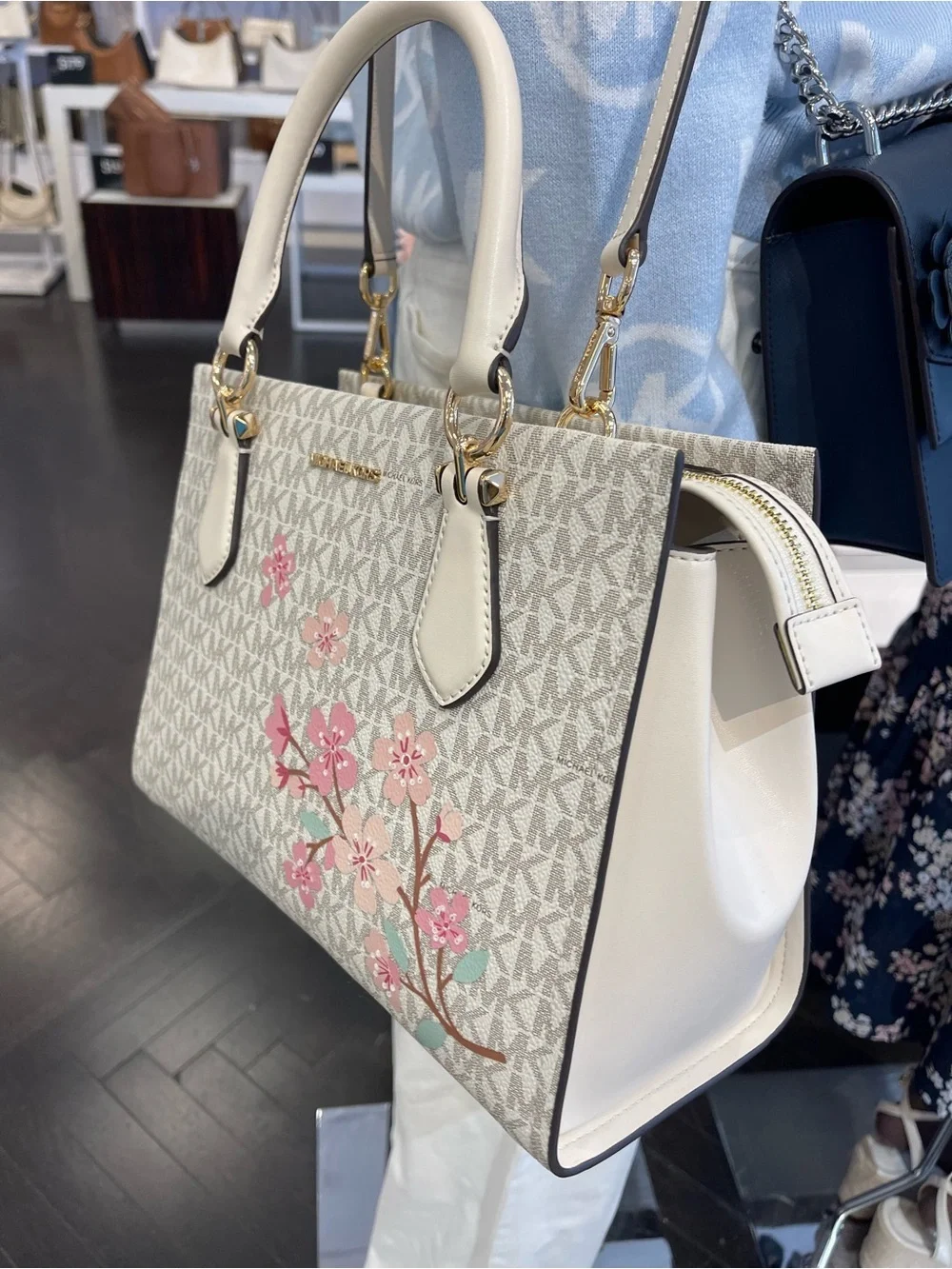 Michael Kors Marilyn Medium Embellished Signature Logo Satchel Light Cream  NWT